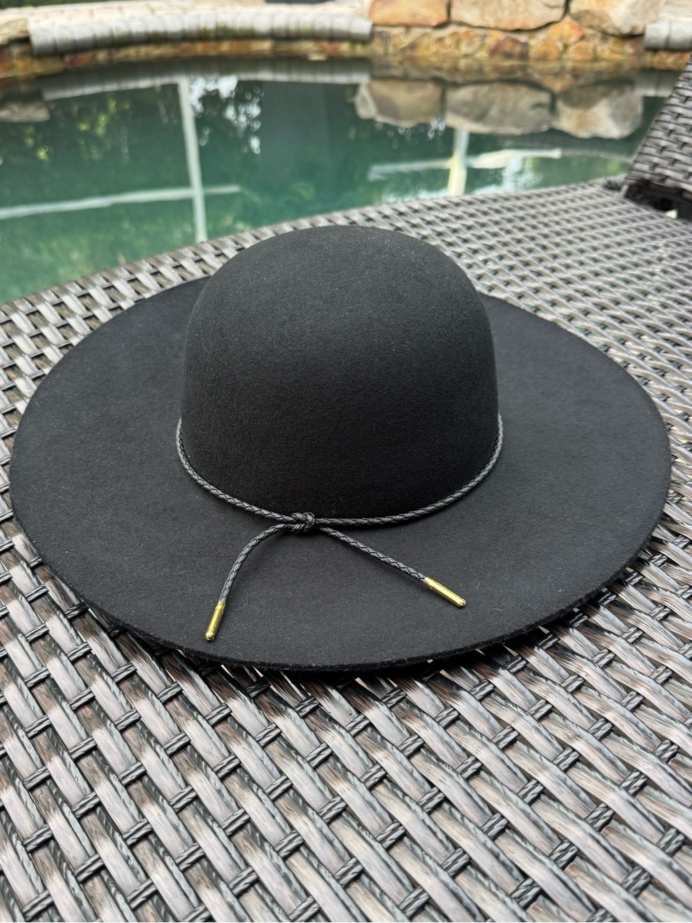 Black Wide-Brim Women's Felt Hat with Decorative Cord
